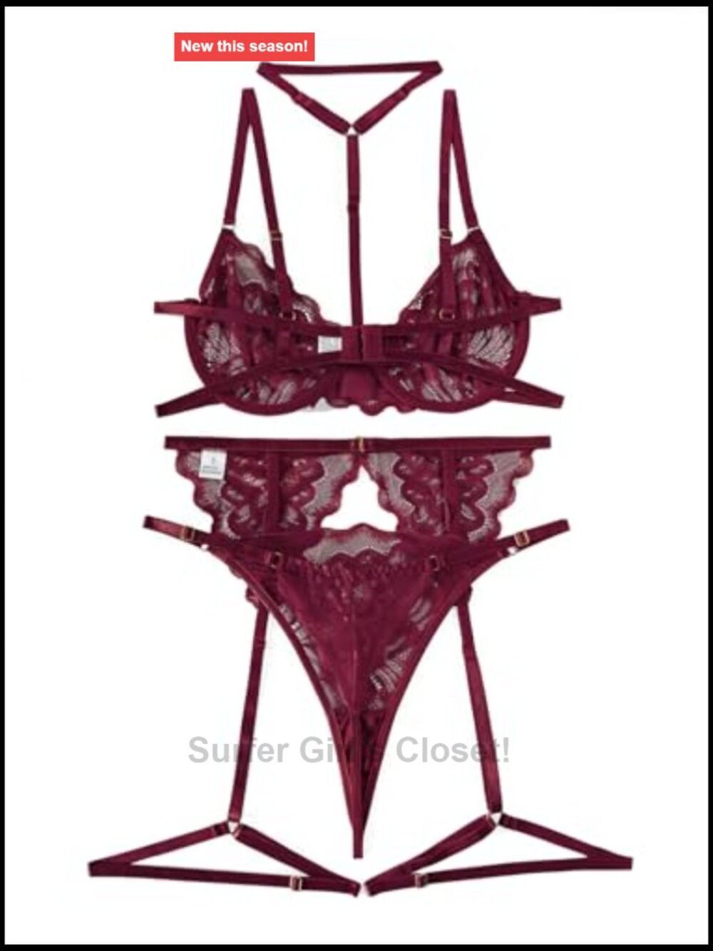 Sheer Floral Lace Lingerie Set with Garter Belt and Choker - Picture 4 of 7